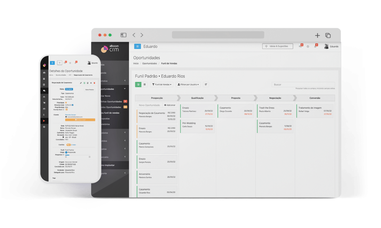 Alboom CRM no computador e no celular